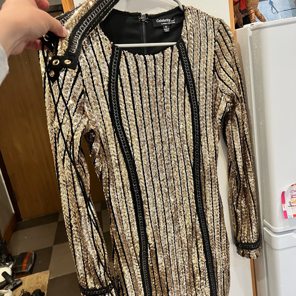 Gold and Black Sequin Long Sleeve Dress